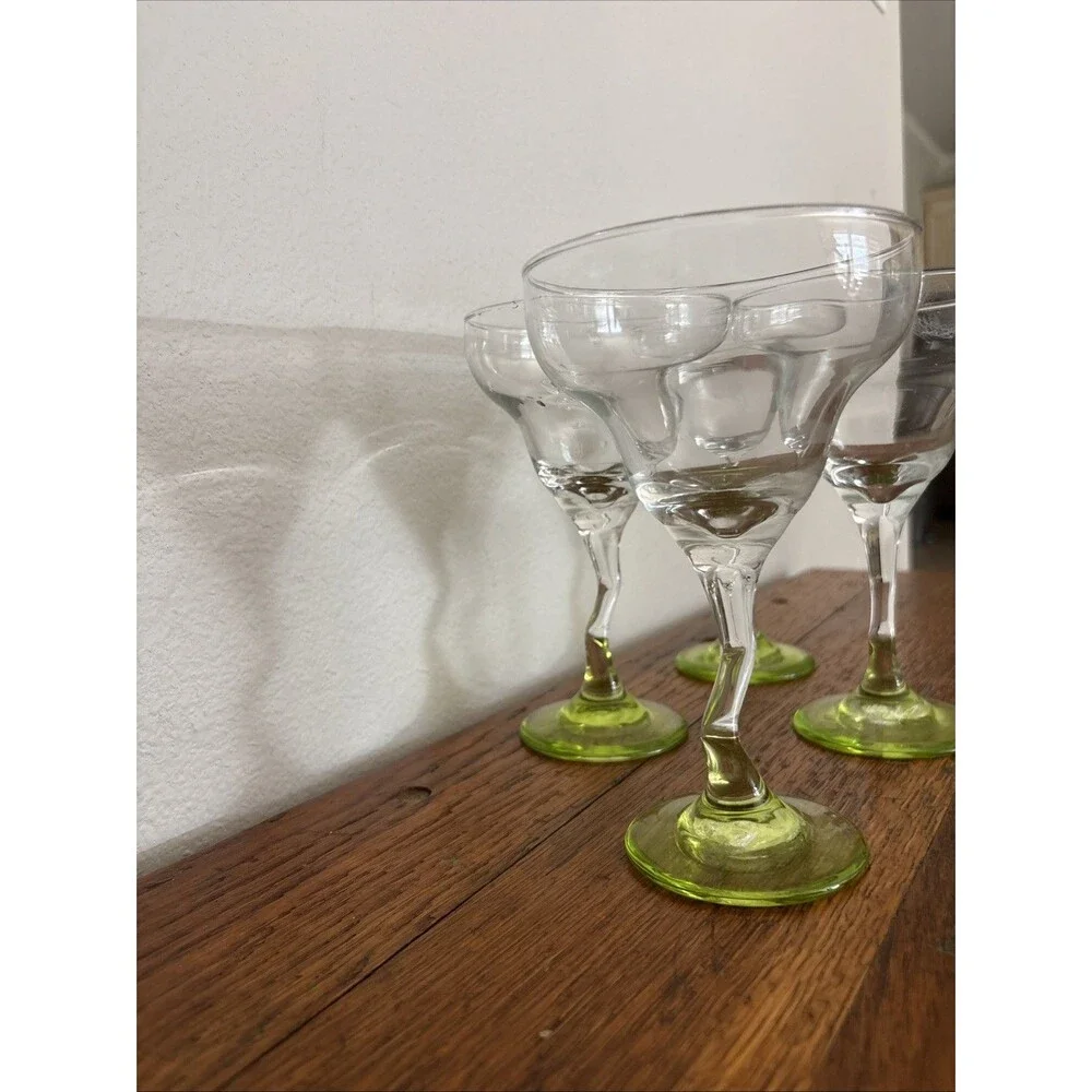 Vintage Libbey zig zag margarita glasses HAND BLOWN 10 Oz GREEN WAVE STEM 7